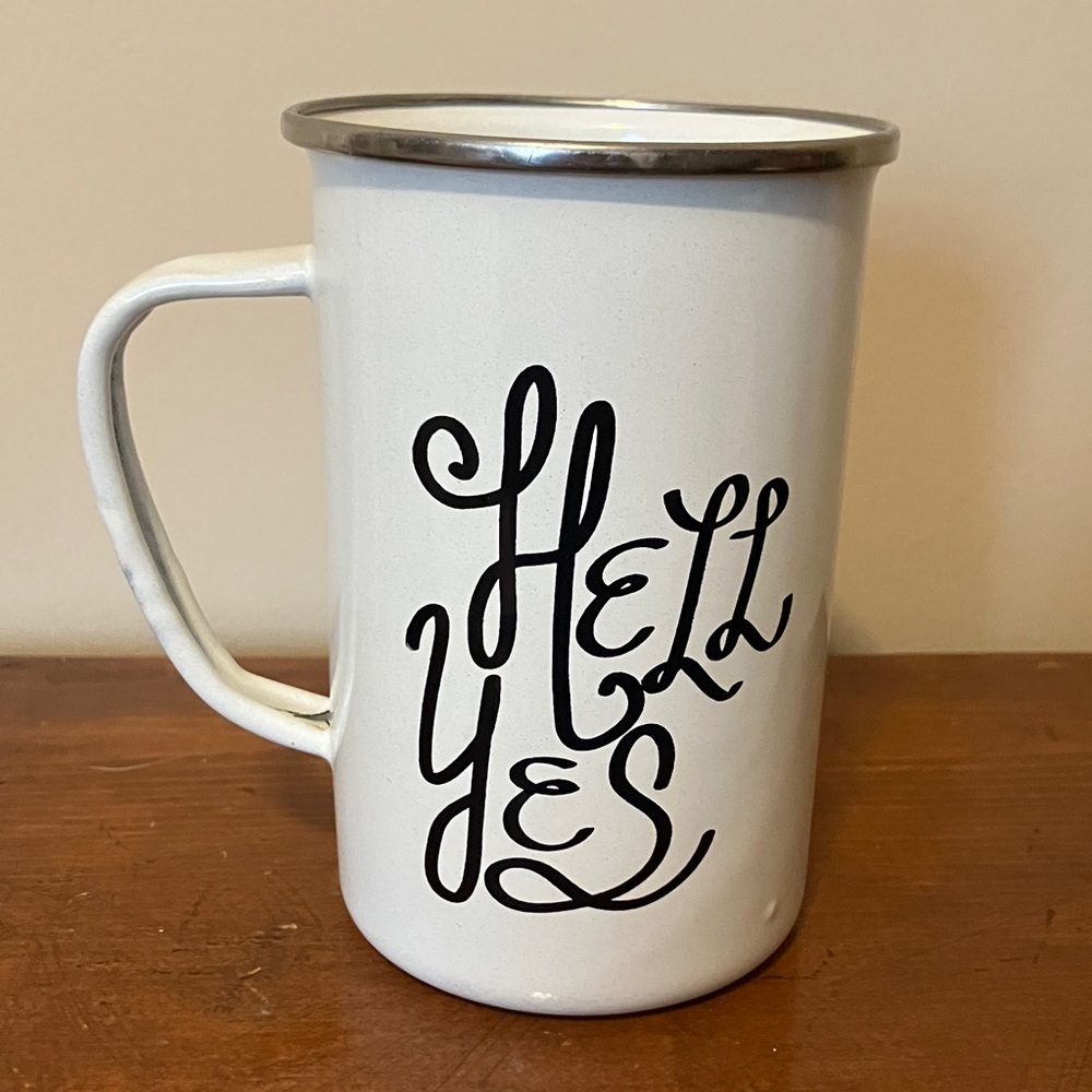 Urban Outfitters White Enamel Mug with Black “HELL YES” Graphic